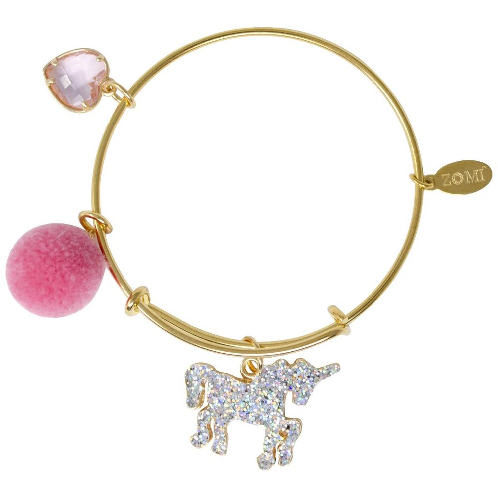 Shiny Unicorn & Heart Gold Bangle Bracelet
